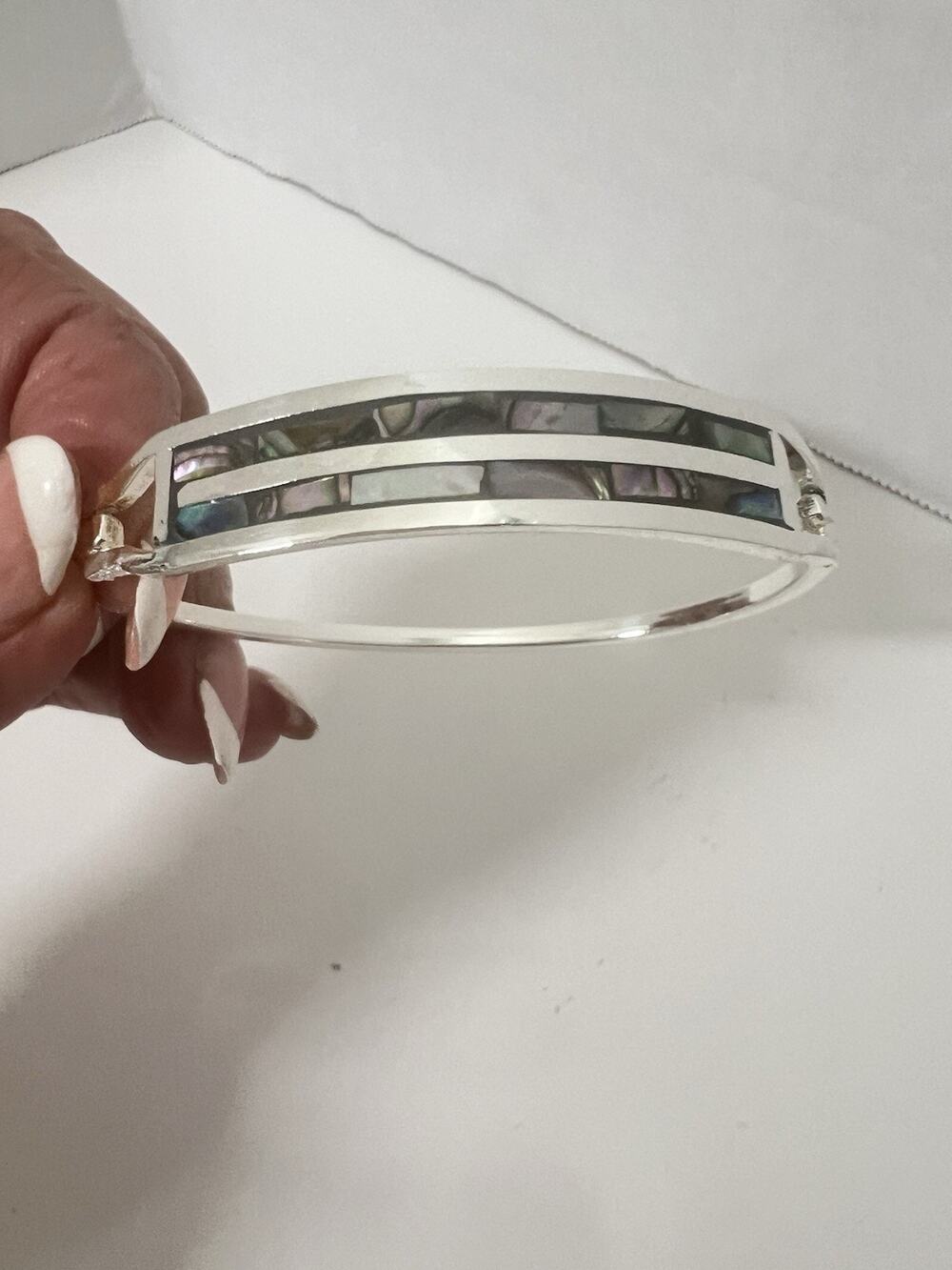 Vintage Taxco México Bracelet Silver Overlay Abalone Inlay Hinged Bangle